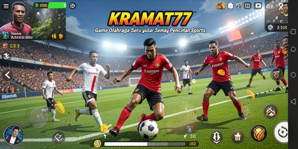 Screenshot utama KRAMAT77 menampilkan pemain beraksi dalam pertandingan olahraga.