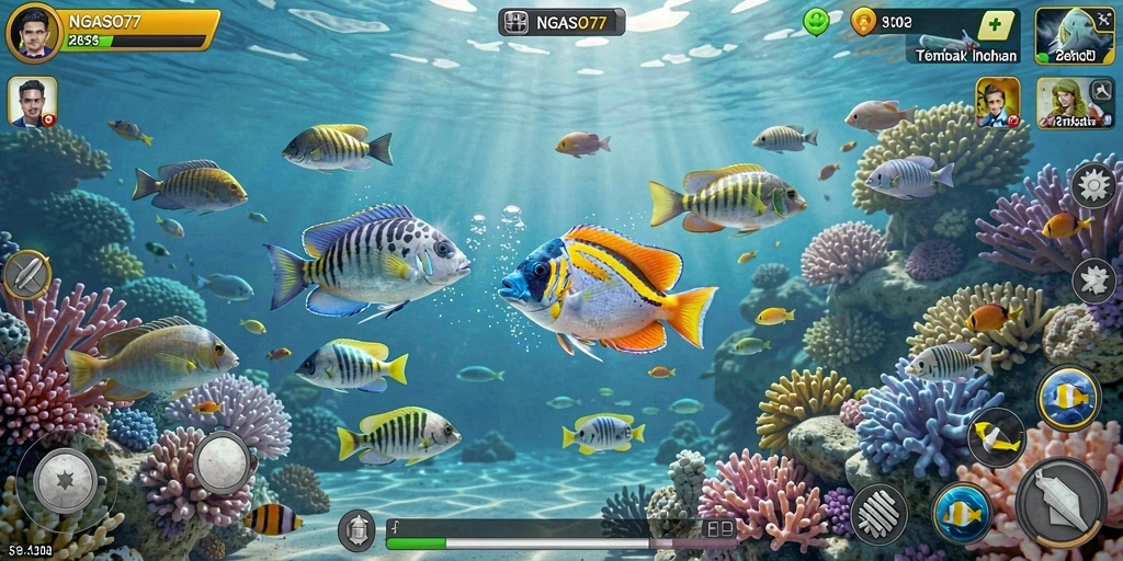 Tampilan Gameplay NGASO77 dengan aksi tembak ikan yang seru.