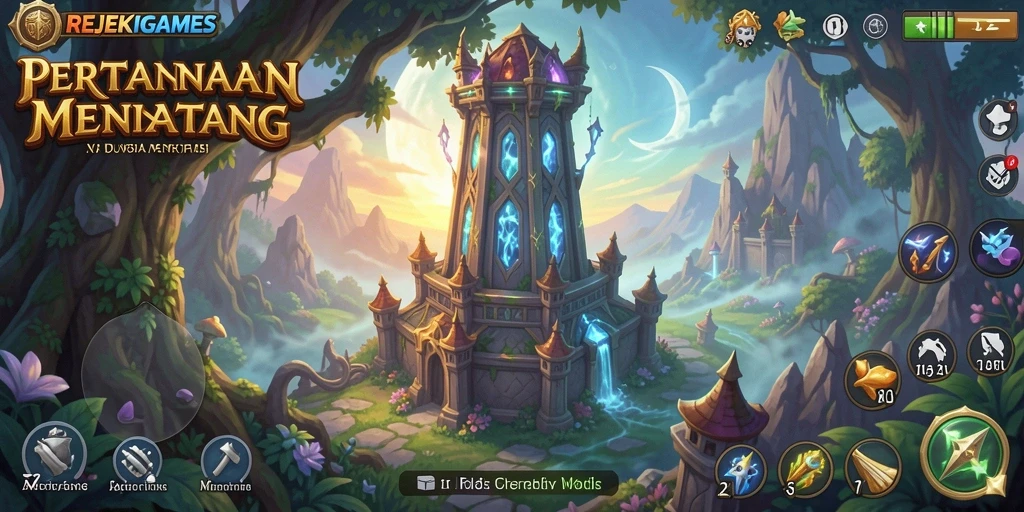Tampilan gameplay seru di REJEKIGAMES dengan menara yang beragam.